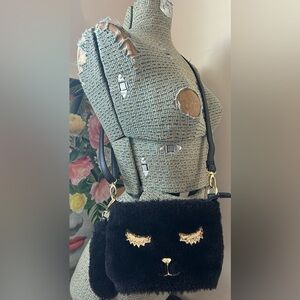 BETSEY JOHNSON FAUX FUR CROSSBODY,GOLD GLITTER EYELASHES,GOLD HARDWARE,WRISTLET